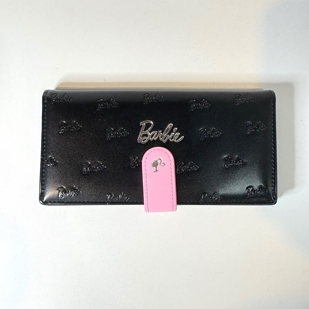 Barbie Black Embossed Logo Long Clutch Wallet Pink Snap Closure Silver Tone Icon